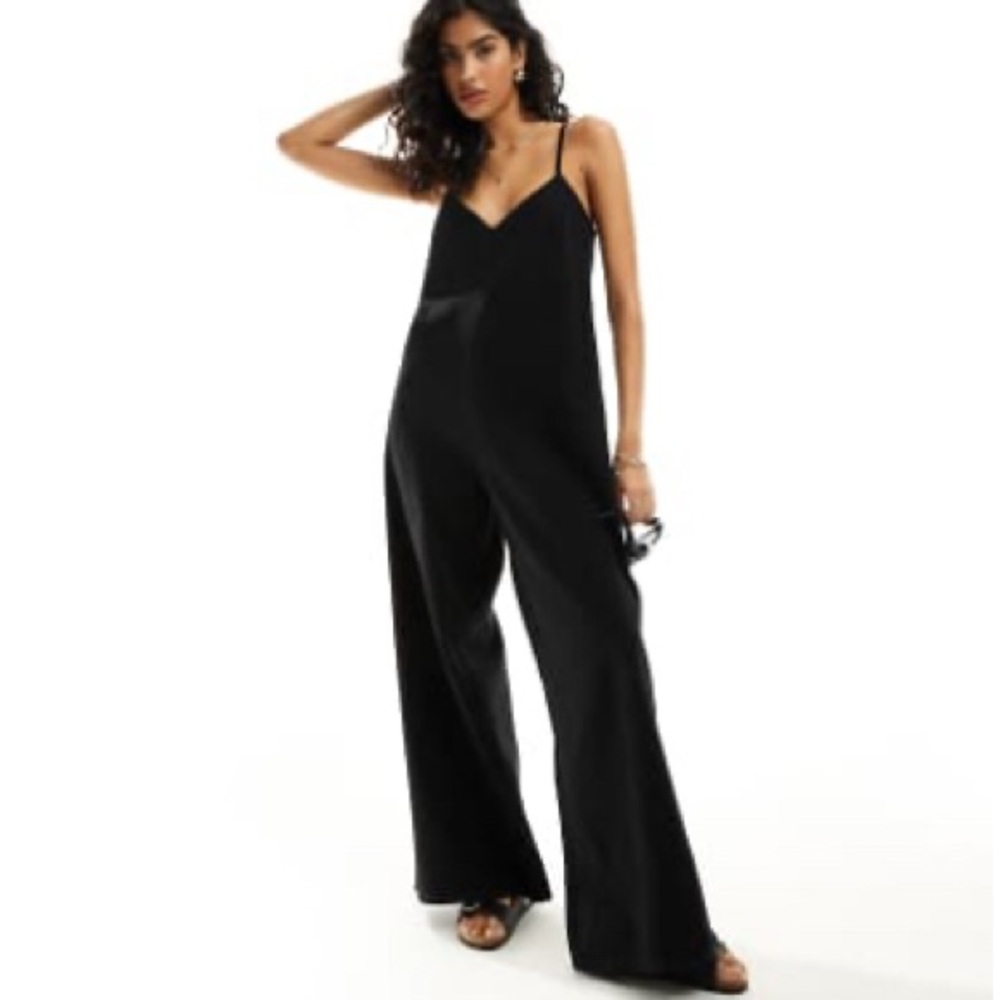ASOS Black denim Wide-Leg Jumpsuit with Spaghetti Straps